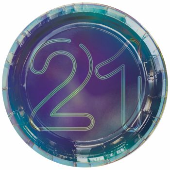 Iridescent plate with large "21" design.