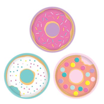 Three colorful cartoon donuts with sprinkles.