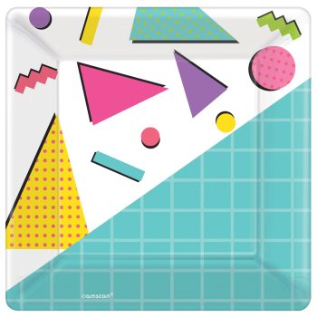 Colorful geometric shapes scattered over a blue grid background.