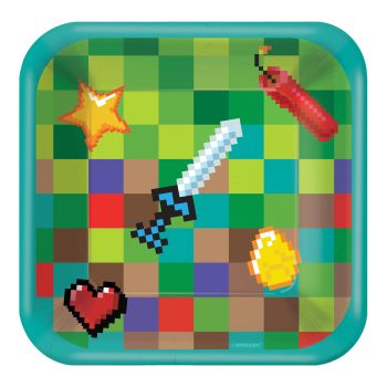 Pixelated game-themed plate with colorful icons.