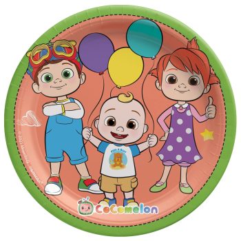 Children holding balloons on colorful paper plate.