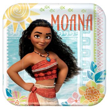 Moana character on colorful themed background.