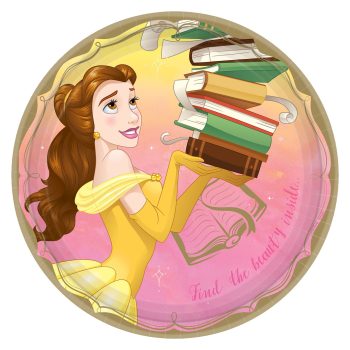 Princess holding stack of books, smiling.