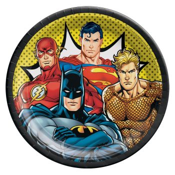 Superheroes group on round comic-style plate.