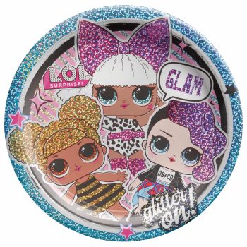 LOL Surprise dolls on glittery decorative plate.