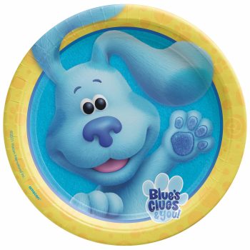 Blue cartoon dog on decorative paper plate.