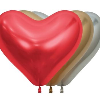 Three heart-shaped balloons in red, gold, and silver.