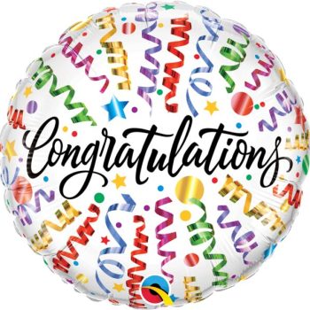 Colorful congratulations balloon with festive confetti and streamers.