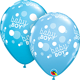Two blue balloons with 'baby boy' text and white polka dots.