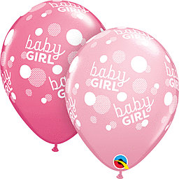 Two pink balloons with "baby girl" text and white polka dots.