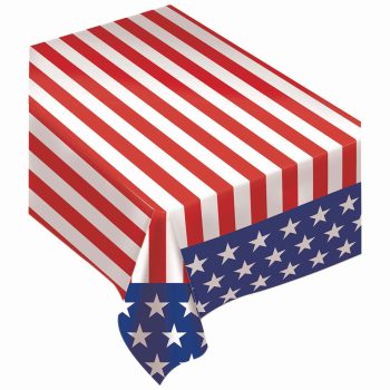 Tablecloth with American flag design featuring red stripes and white stars on blue.