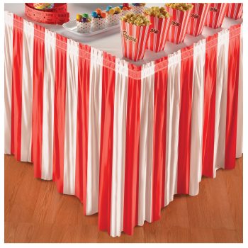 Table skirt with red and white vertical stripes.