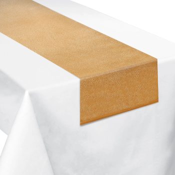 Gold table runner on white tablecloth.