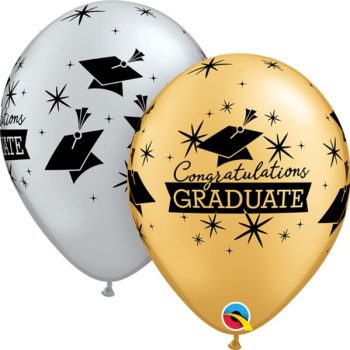 Gold and silver graduation-themed balloons.