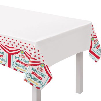 A festive white tablecloth with colorful Christmas-themed borders.