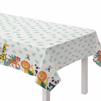 Table with animal-patterned tablecloth.