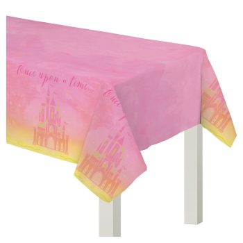 Pink tablecloth with castle and text design.