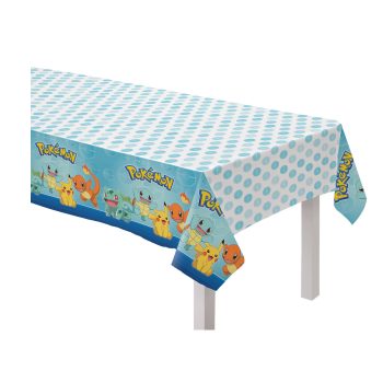 Pokémon-themed tablecloth with character designs.