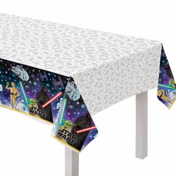 Star Wars-themed tablecloth on white table.