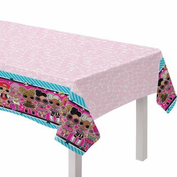 Pink tablecloth with cartoon character border.