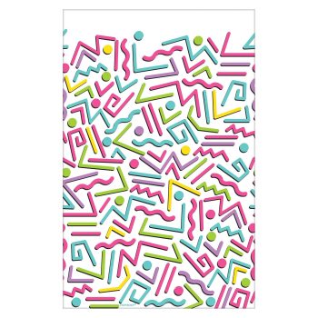 Colorful abstract geometric pattern with zigzags and lines on white background.