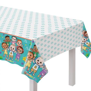 Cartoon characters on a colorful tablecloth.