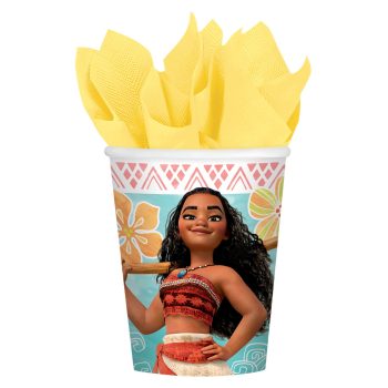 Cup with animated character and yellow napkins.
