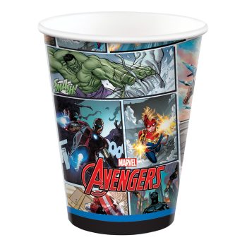 Avengers-themed paper cup with comic illustrations.