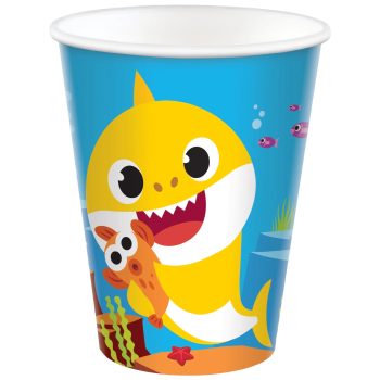 Yellow cartoon shark on blue paper cup.