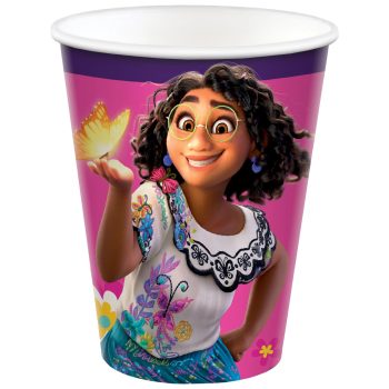 Animated girl with butterfly on paper cup.