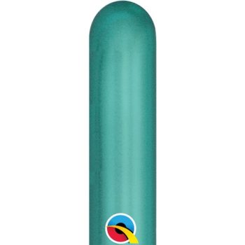Close-up of a teal-colored balloon with a colorful logo near the base.