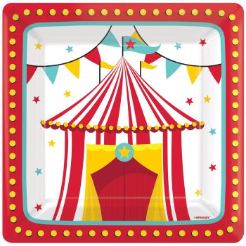 Bright circus tent with red and white stripes decorated with colorful flags.