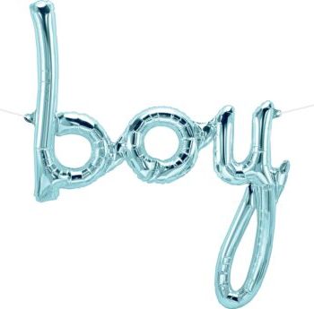 Blue balloon spelling the word 'boy'.
