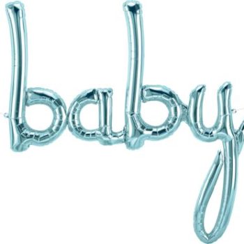 Blue balloon letters spelling 'baby'.