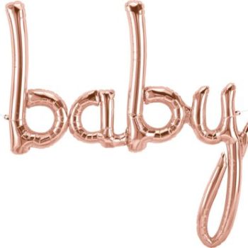 Rose gold balloon spelling out 'baby'.