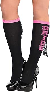 Black knee-high socks with pink "BRIDE" text for bridal wear.