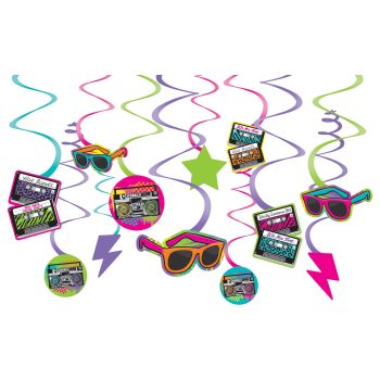 Colorful 80s-themed party decorations with swirls, sunglasses, and cassette tapes.