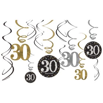 30th birthday decorations with hanging swirls.