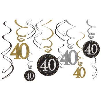 Birthday decorations with "40" and swirls.