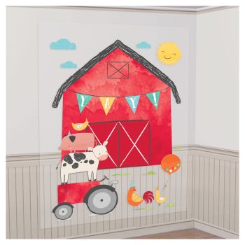 Red barn with farm animals and tractor.