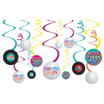 Colorful birthday party hanging swirl decorations with cheerful messages.