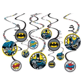 Batman-themed spiral decorations with comic sound effects.