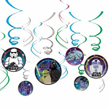 Star Wars-themed spiral party decorations hanging.