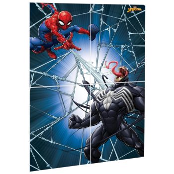 Spider-Man battling Venom on web background.