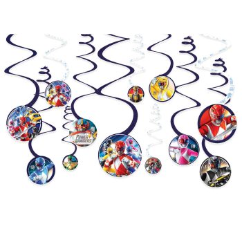 Power Rangers themed party hanging decorations.