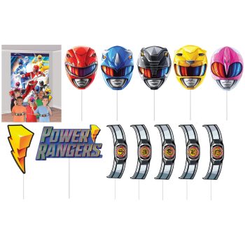 Power Rangers masks and themed party decorations.