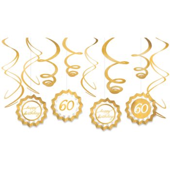 Gold birthday decorations with "60" and swirls.