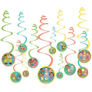 Colorful hanging spirals with cartoon characters.