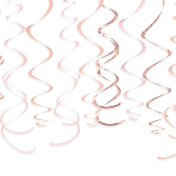 Rose gold spiral party decorations hanging.