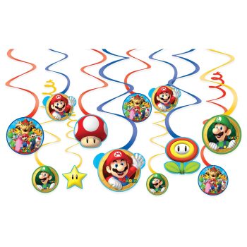 Colorful Super Mario themed party decorations.